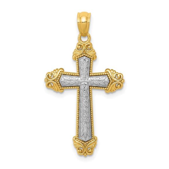 14k Two Tone Gold Ornate Cross Pendant, 17 x 31mm - Picture 1 of 5